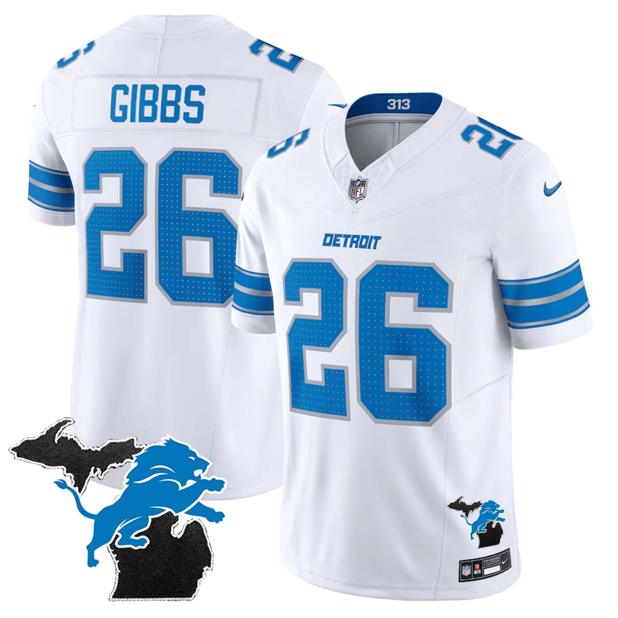 Men Detroit Lions 26 Gibbs White 2024 Nike Michigan Patch Vapor Limited NFL Jersey
